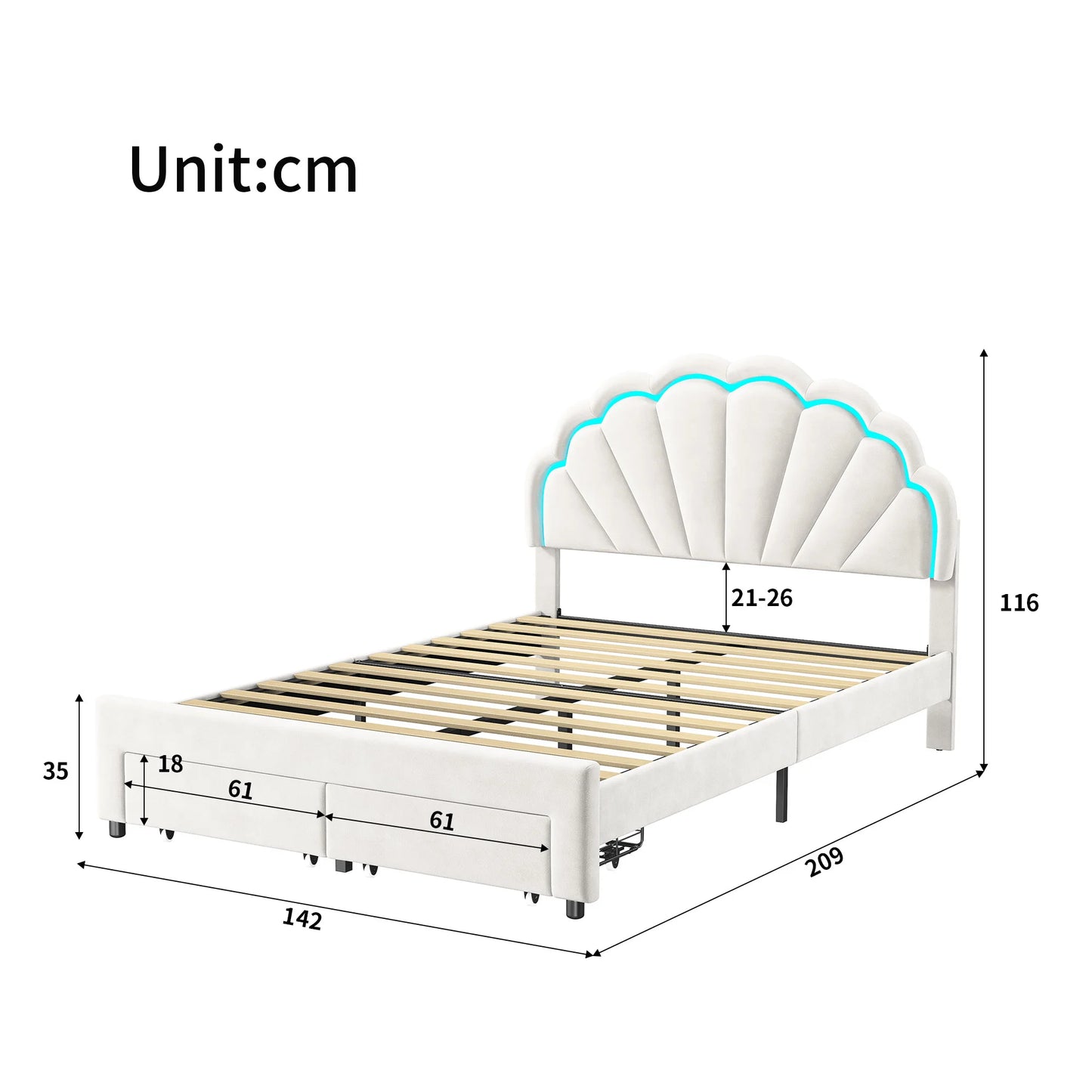 Tweepersoonsbed – Bed – Slaapbed – Opbergbed – Gestoffeerd Bed – 140x200 cm – Velvet Bekleding – Dimbare LED Sfeerverlichting met Opberglades