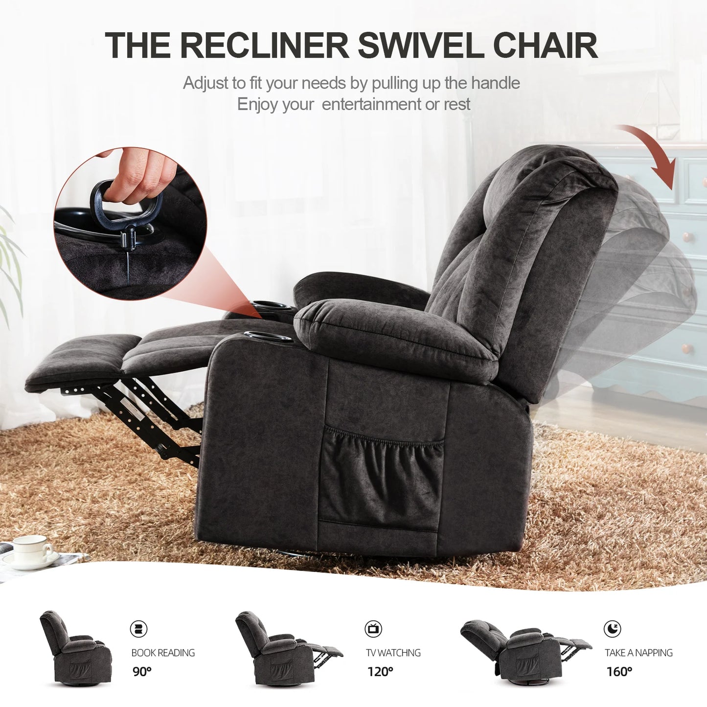Relaxstoel – Relaxfauteuil – Verstelbare Stoel – Draaibare Fauteuil – Ligstoel – Fauteuil Met Voetsteun – Stoffen Bekleding – Maximaal 150 Kg Draagvermogen - 95.2 x 95.2 x 99.2 cm - Grijs