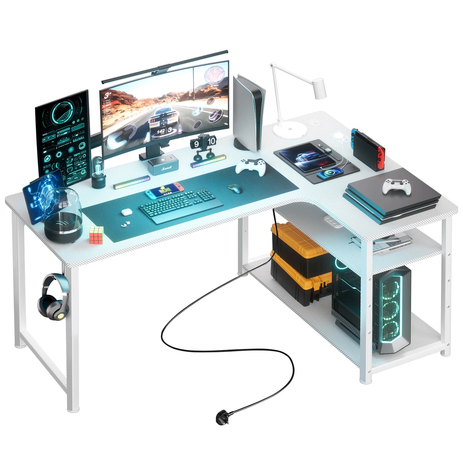 Game Bureau - Bureau - Hoekbureau - Game Bureau - 120cm L-vormige Computertafel - met USB Oplaadpoort & Stopcontact - Gaming Bureau - met Opbergrek - Wit - QUORE