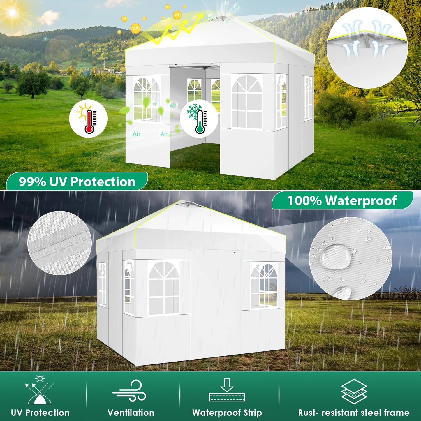 Partytent – Opzetbare Tent – Vouwtent – 3x3 Meter Partytent – Waterbestendig Oxford Doek – Verstelbare Hoogte - Wit - QUORE