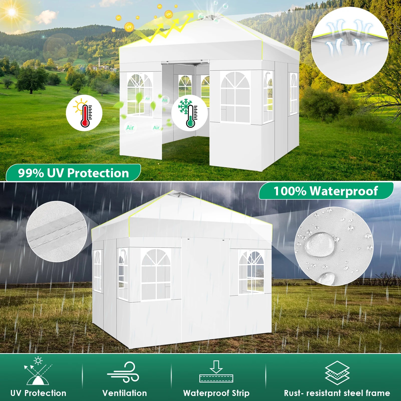Partytent – Opzetbare Tent – Vouwtent – 3x3 Meter Partytent – Waterbestendig Oxford Doek – Verstelbare Hoogte - Wit - QUORE