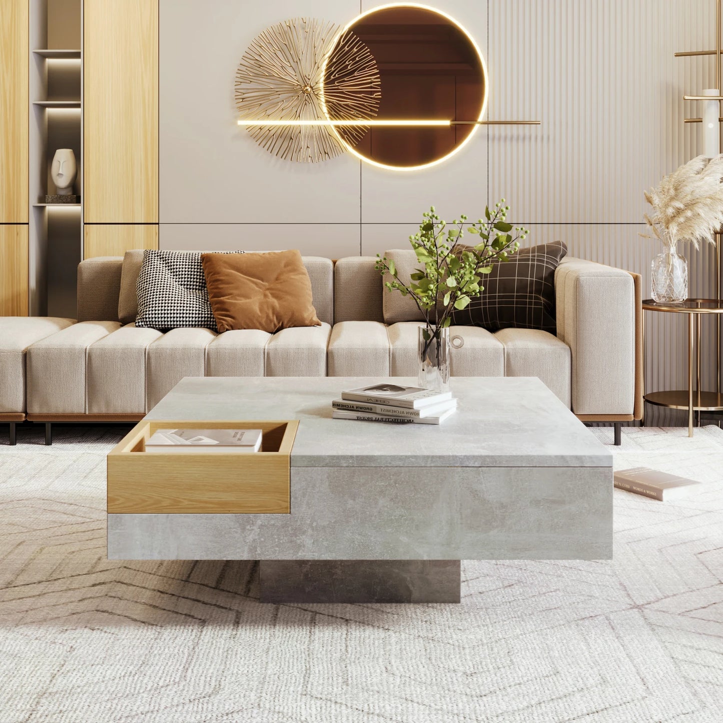Salontafel – Koffietafel – Sofa Tafel – Bijzettafeltje – Woonkamertafel – Betonlook Tafelblad – Verwijderbare Opbergbox – 72x72x30 cm – Modern Minimalistisch Design