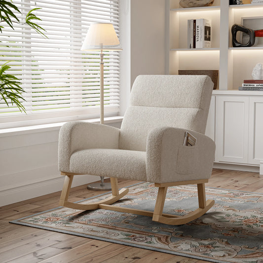 Schommelstoel – Relaxstoel – Fauteuil – Voedingsstoel – Loungestoel – Lichtgrijs – Teddy Velvet Bekleding – Extra Dikke Zitkussen 14 cm