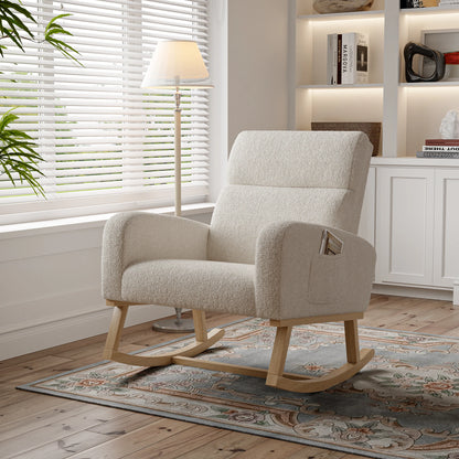 Schommelstoel – Schommelstoel Woonkamer – Schommelstoel Met Kussen – Relaxstoel – Witte Teddy Velvet Schommelstoel – Vierkante Rugleuning – 5,5 cm Dik Zitkussen