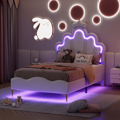 Prinsessenbed – Kinderbed – Eenpersoonsbed – Slaapbank – Jeugdbed – Wit – 90x200 cm – Kroonvormig Hoofdbord – LED-Verlichting