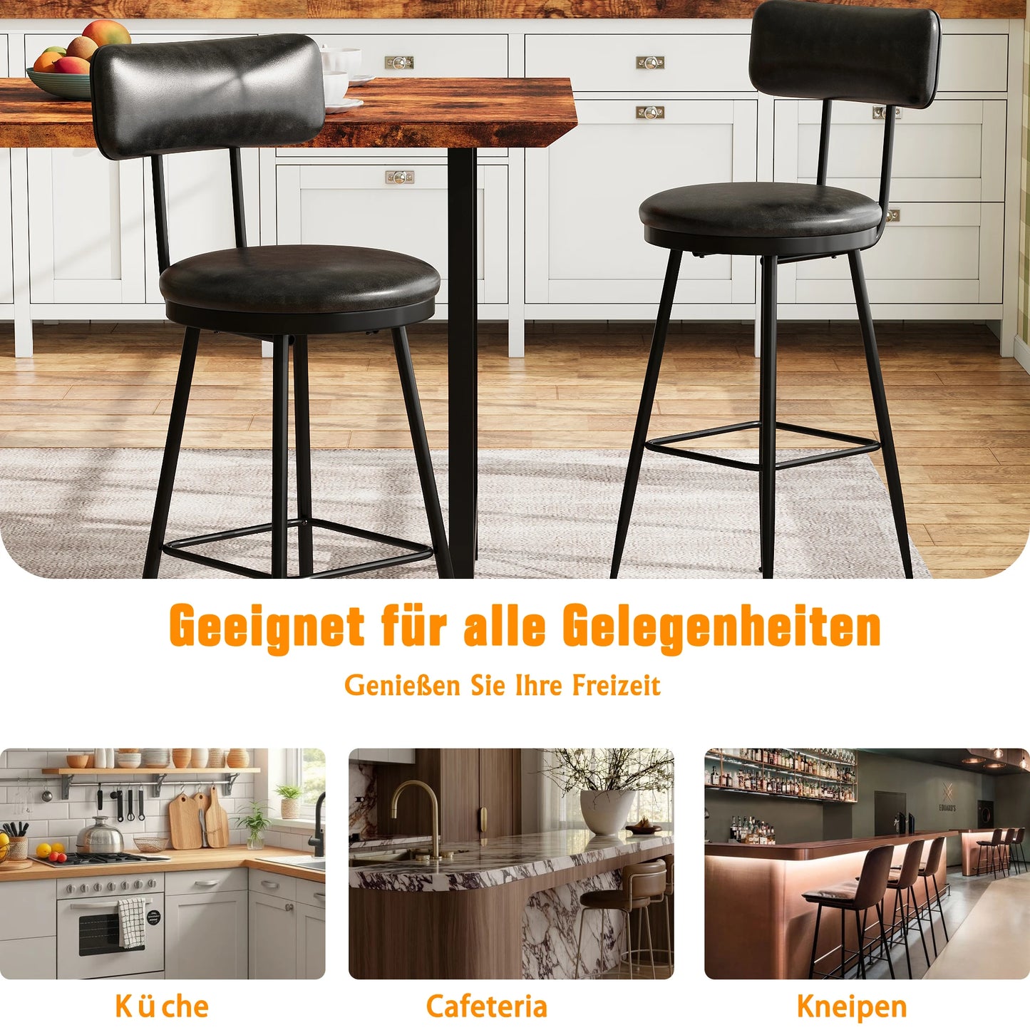 Barkrukken – Barstoelen – Hoge Stoelen – Keukenstoelen – Eetkamerstoelen – Zwart – PU Kunstleer – Stevig Metalen Frame – Set van 4