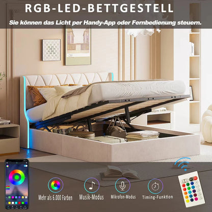 Opbergbed – Bedframe – Led Bed – Ladebed – Slaapbank – 140x200 cm – Inclusief Instelbare LED-Verlichting – 4 Ruime Opberglades