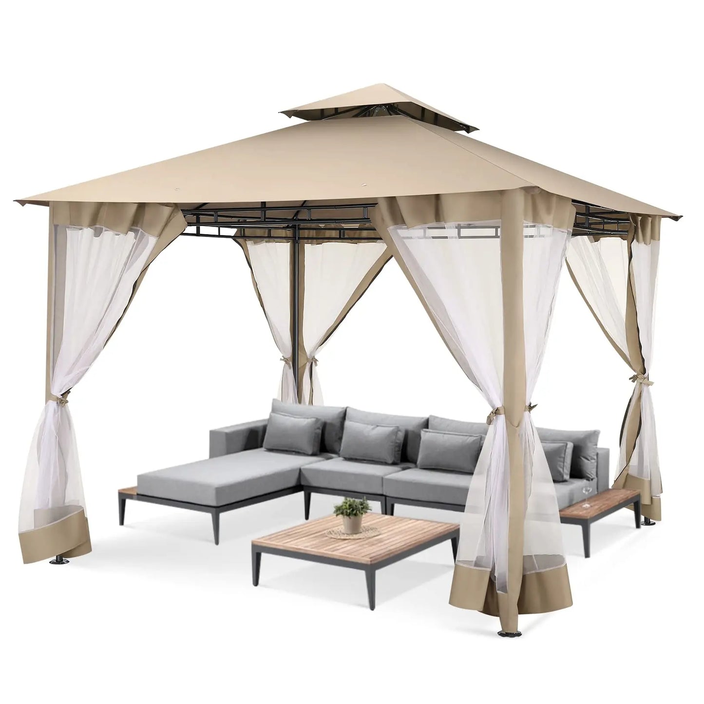 Tuinpaviljoen – Overkapping – Tuinkamer – Buitenverblijf – Zonwering – Stevig Stalen Frame – Waterafstotend Polyester Doek - Khaki