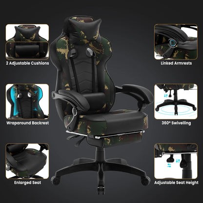 Ergonomische Gaming- en Bureaustoel – Comfortabele Werkstoel – Verstelbare Rugleuning – Voetensteun – Kunstleer – Maximale Draagkracht 120 Kg – Zwenkwielen - Camouflage