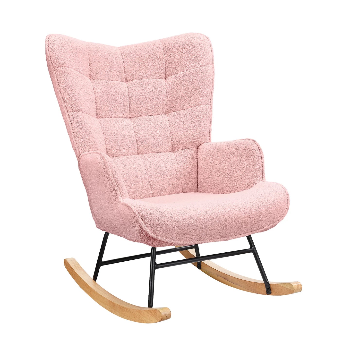 Schommelstoel – Rocking Chair – Relaxstoel – Wiegstoel – Fauteuil – Roze – Scandinavisch Design – Comfortabele Teddy Bekleding – Stevig Houten Frame