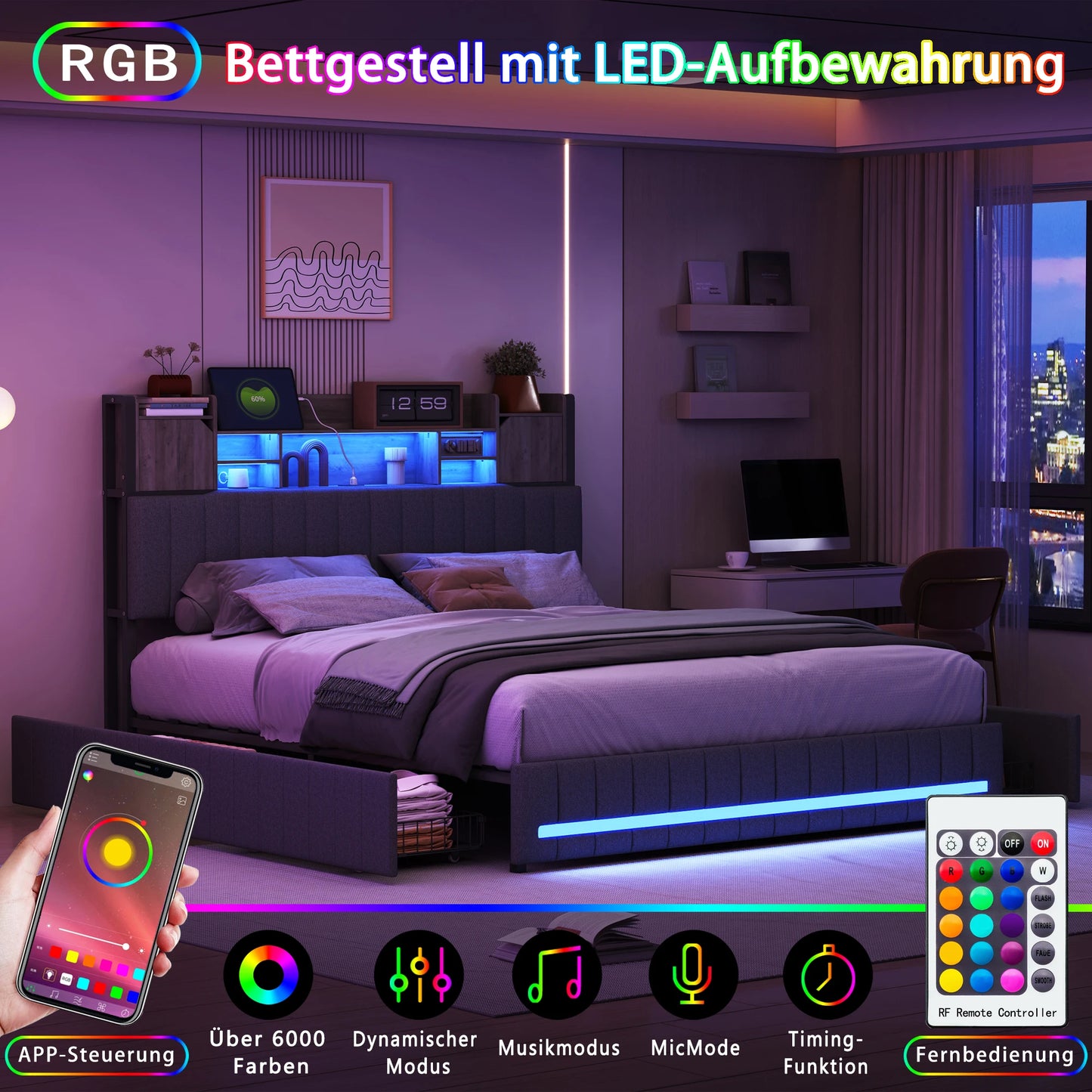 Tweepersoonsbed – Opbergbed – Led Bed – Bed met Lades – Linnen Bed – 140x190 cm – Ingebouwde LED-Verlichting en USB-Poorten