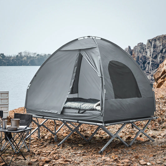 Kampeerpakket 4-in-1 – Tent – Campingbed – Luchtmatras – Slaapzak – Voor 2 Personen – Waterdicht Polyester – Stevig Metalen Frame - QUORE