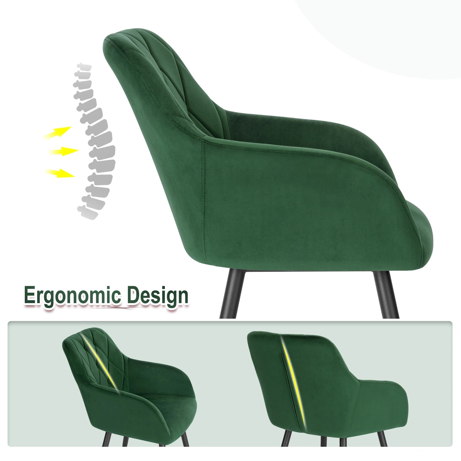 Eetkamerstoel – Bureaustoel – Stoel Met Armleuning – Scandinavische Stoel – Metalen Poten – Velvet Bekleding – Ergonomisch Design - Donkergroen - QUORE