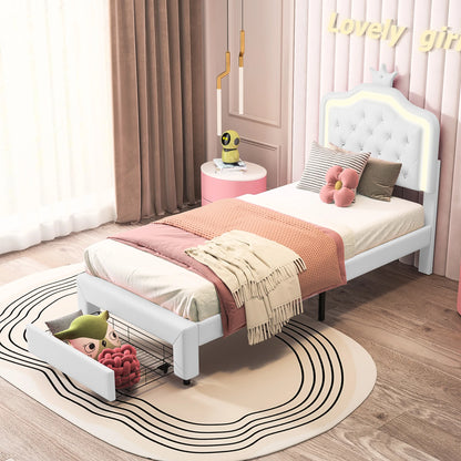 Kinderbed – Eenpersoonsbed – Kinderbedje – Bed Met LED – Prinsessenbed – Met Pixel LED-Verlichting – Kroonvormig Hoofdeinde – PU Leren Bekleding – 90x200 cm – Verstelbare Hoogte - QUORE