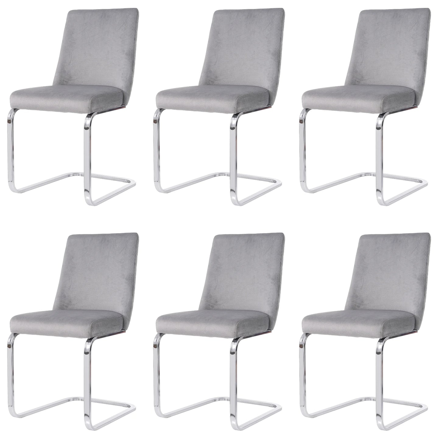 Eetkamerstoel – Set Van 6 - Velours Woonkamerstoel – Comfortabele Fauteuil – Lounge Stoel – Zacht Gewatteerd Zitvlak – Zilver Metalen Pootjes - Grijs