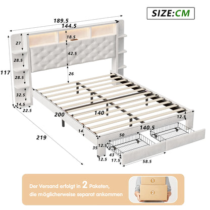 Bedbank – Slaapbank – Logeerbed – Tweepersoonsbed – Opbergbed – 140x200 cm – Gestoffeerd Met USB Oplaadpoort En Instelbare LED-Verlichting