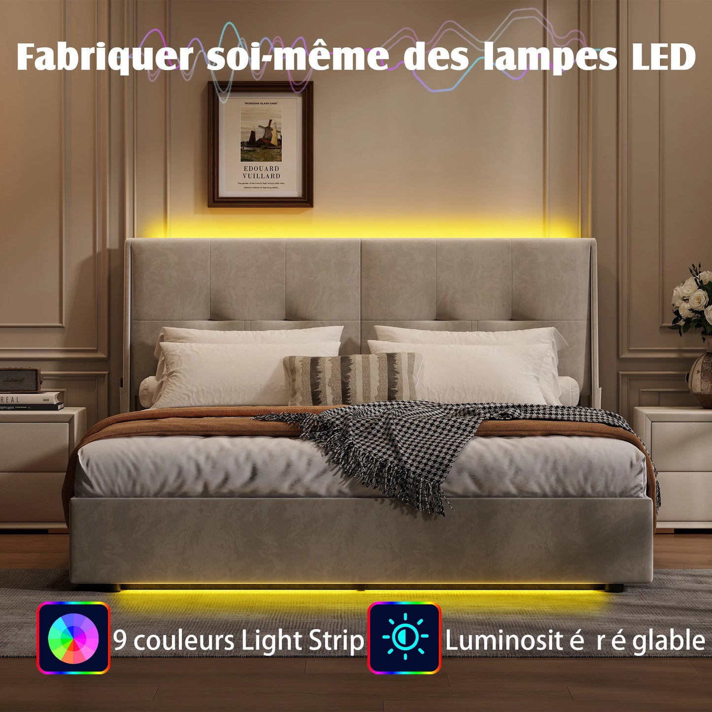 Opbergbed – Gestoffeerd Bed – Hydraulisch Bed – Bedframe – Opbergruimte – 140x200 cm – LED-Verlichting – Zijvakjes