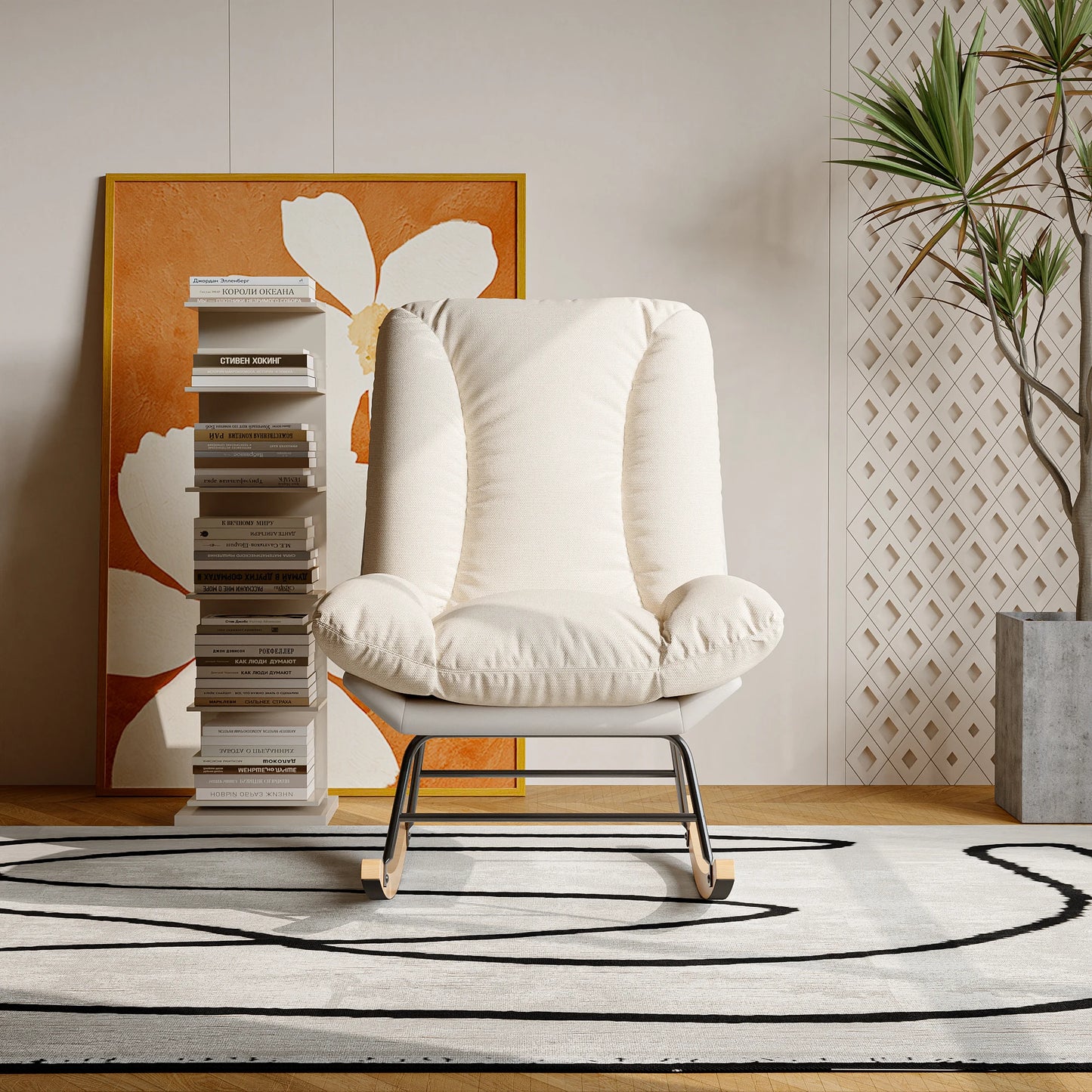 Schommelstoel – Wiegstoel – Relaxstoel – Lounge Stoel – Ademend Katoen-Linnen – Verstelbare Rugleuning – Stevig Metalen Frame