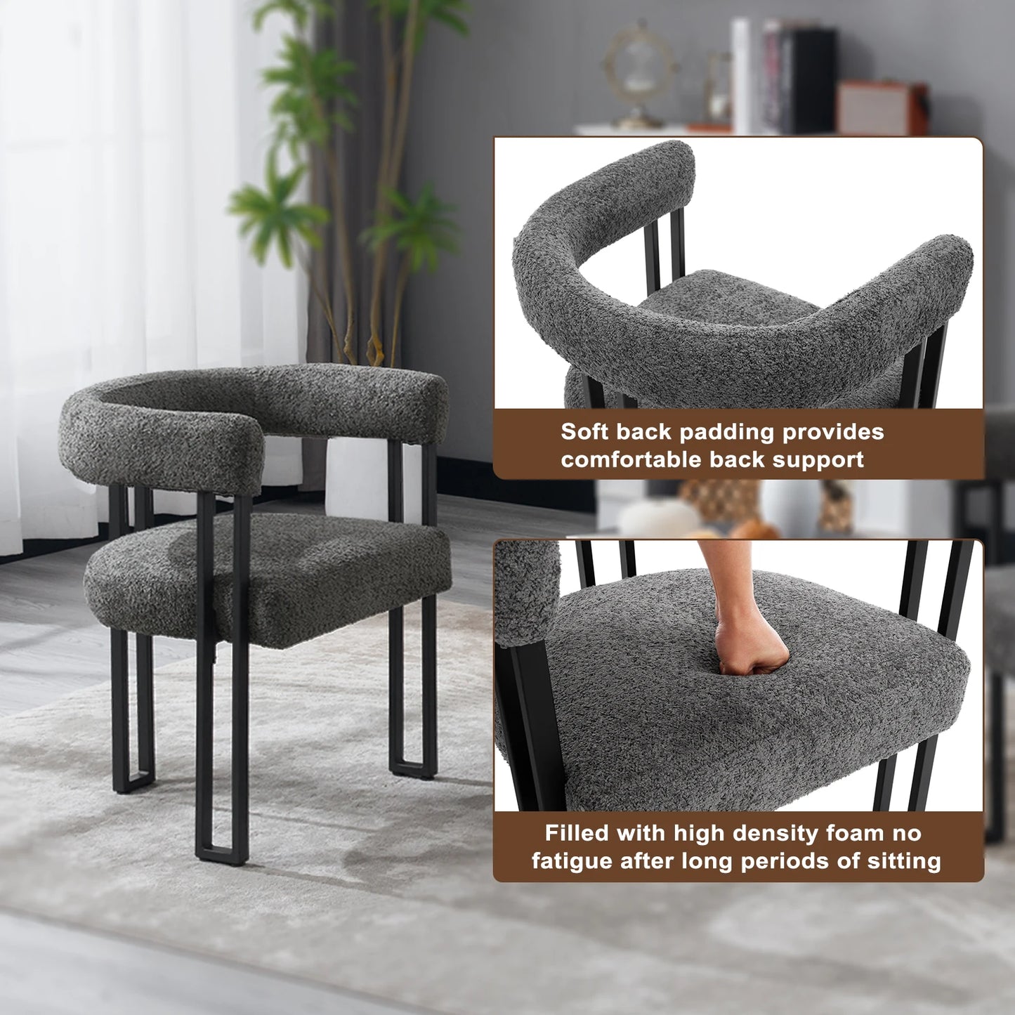 Eetkamerstoelen - Eetstoelen - Keukenstoelen - 2 Stuks - Moderne Stijl - Ergonomische - met Rugleuning - Armleuning - Voor Keuken - Eetgedeelte - Chenille-stof Zitje - Metalen Voeten - 61.5 x 72 x 51.5 cm - Donkergrijs