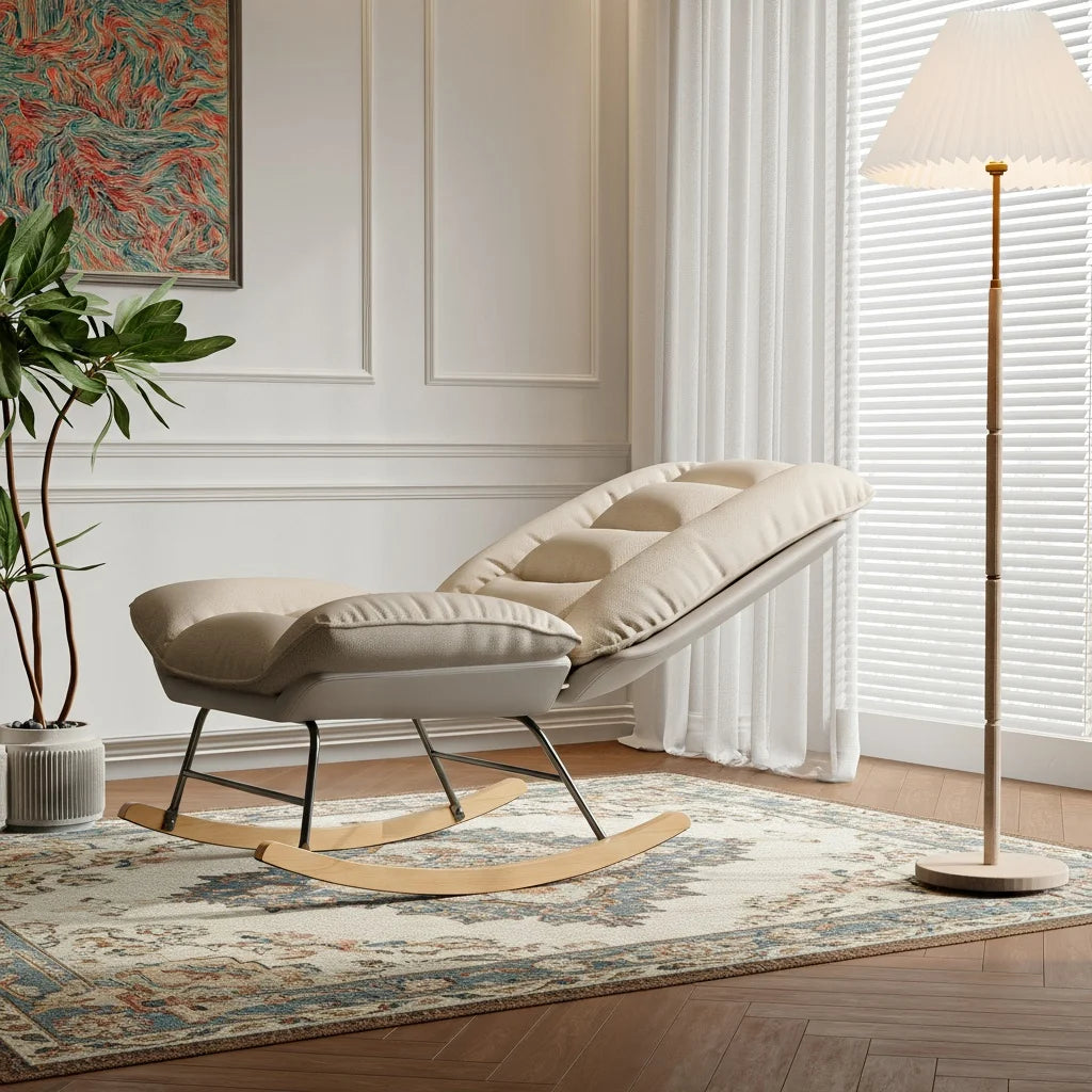 Schommelstoel Woonkamer – Schommelstoel Volwassenen – Gevoerde Schommelstoel – Scandinavische Schommelstoel – Verstelbare Rugleuning – Ergonomisch Comfort – Licht Metalen Frame – Wit Rice Variant