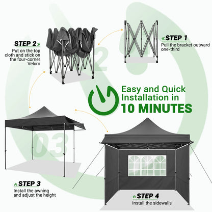 Partytent – Pop-Up Tent – Tuinkamer – Overkapping – 3X3 Meter – Waterafstotend Oxford Polyester – Verstelbare Hoogte - Zwart