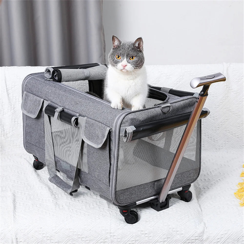 Huisdierentrolley - Honden & Katten Trolley - Reismand Trolley - Outdoor Tas - Draagbare Huisdier Trolley Case - Universele Wiel - Ademende - Opvouwbare - Grote Capaciteit - voor Huisdieren - Oxford-doek - 39 x 60 x 43 cm - Grijs