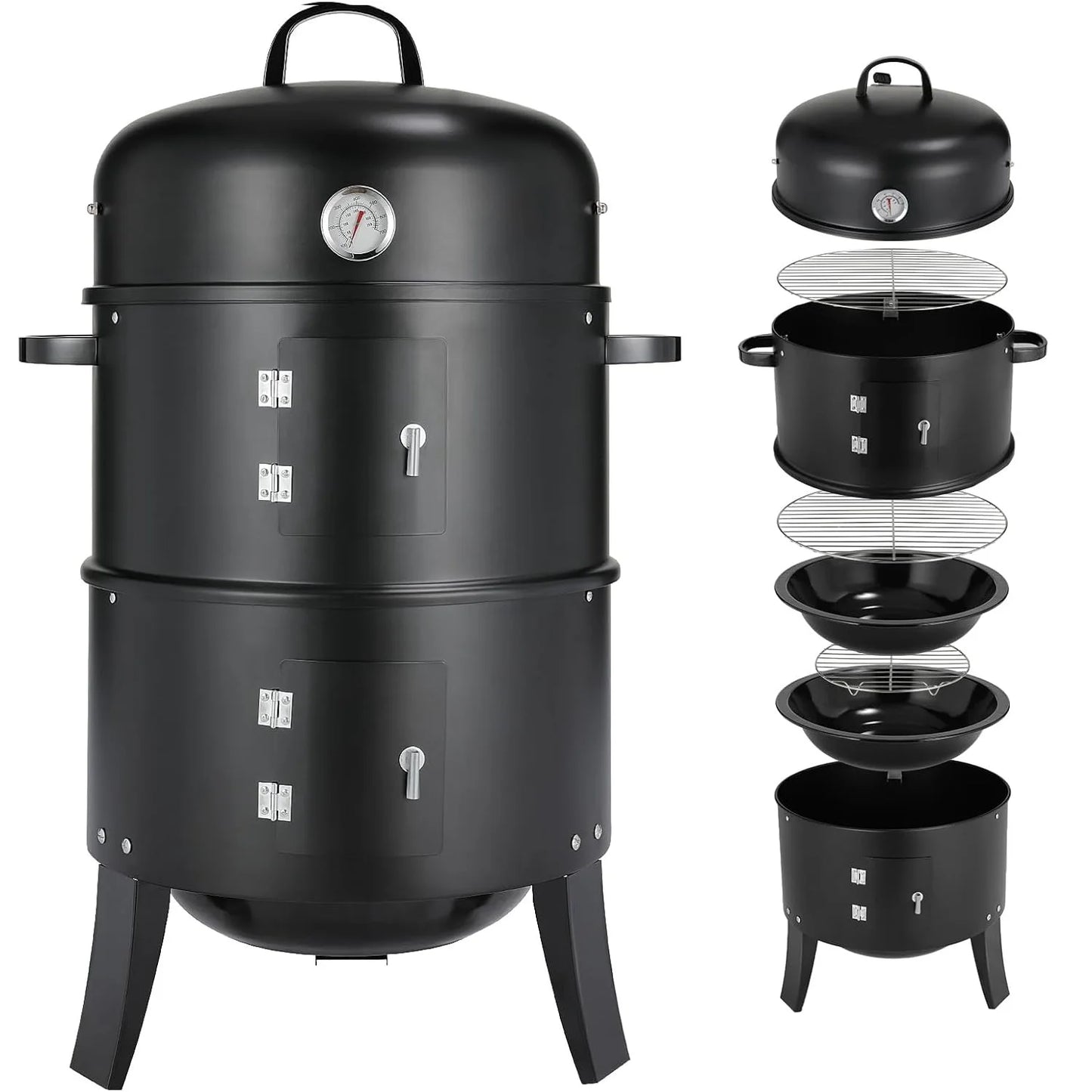 3-in-1 - Houtskoolgrill - BBQ-rokergrill -  Draagbare Verticale Grillkoker - met Ingebouwde Thermometers - Verstelbare Ventilatiesystemen - Klassieke Stijl - voor Buitenkoken - BBQ - 44.5 x 80 cm - Zwart