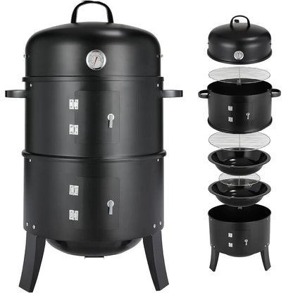 3-in-1 - Houtskoolgrill - BBQ-rokergrill -  Draagbare Verticale Grillkoker - met Ingebouwde Thermometers - Verstelbare Ventilatiesystemen - Klassieke Stijl - voor Buitenkoken - BBQ - 44.5 x 80 cm - Zwart