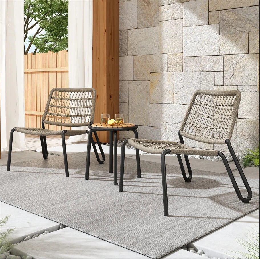 MERAX Bistro Set 3-TLG. -Galvanized steel balcony furniture & hand-braided rope, solid wood table, chairs 160 kg load capacity