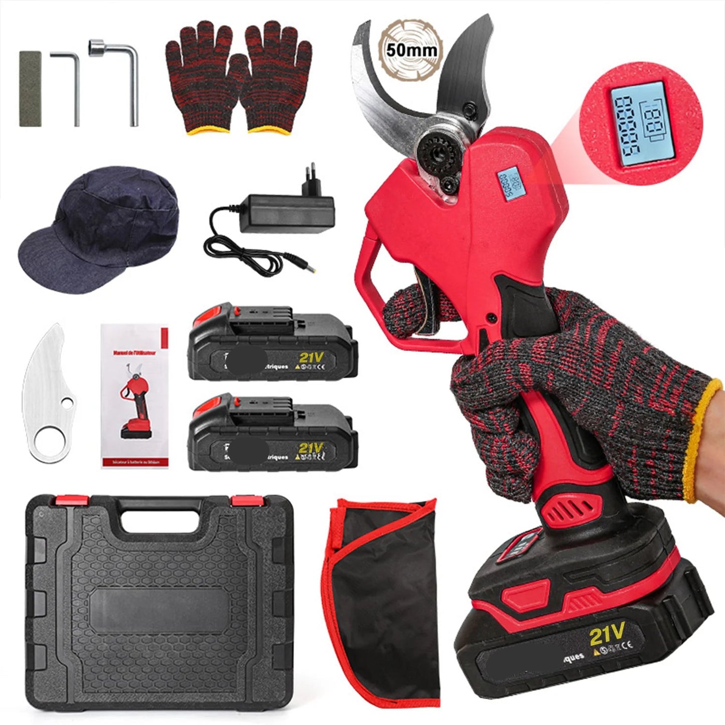 Elektrische Snoeischaar - 50mm - Accu Snoeischaar - 1000W - Takkenschaar - Heggenschaar - Digitale Display - Voor Bomen - en Tuinonderhoud - 2 Accu - Rood