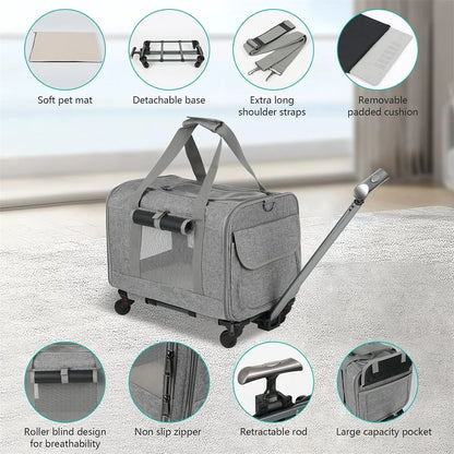 Huisdierentrolley - Honden & Katten Trolley - Reismand Trolley - Outdoor Tas - Draagbare Huisdier Trolley Case - Universele Wiel - Ademende - Opvouwbare - Grote Capaciteit - voor Huisdieren - Oxford-doek - 39 x 60 x 43 cm - Grijs