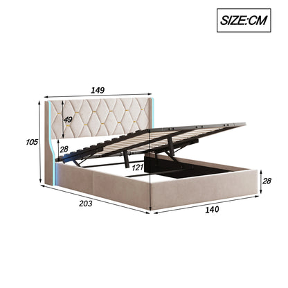 Comanlai 140x200cm/160x200cm Hydraulic Storage Bed,Upholstered Bed with Headboard,Headboard with LED Lights,Double Bed,Flannel