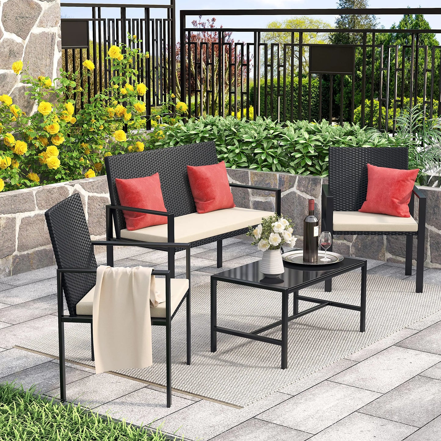 Loungeset – Tuinset – Balkonset – Loungeset Met Kussens – PE Rattan – Weerbestendig – Compact