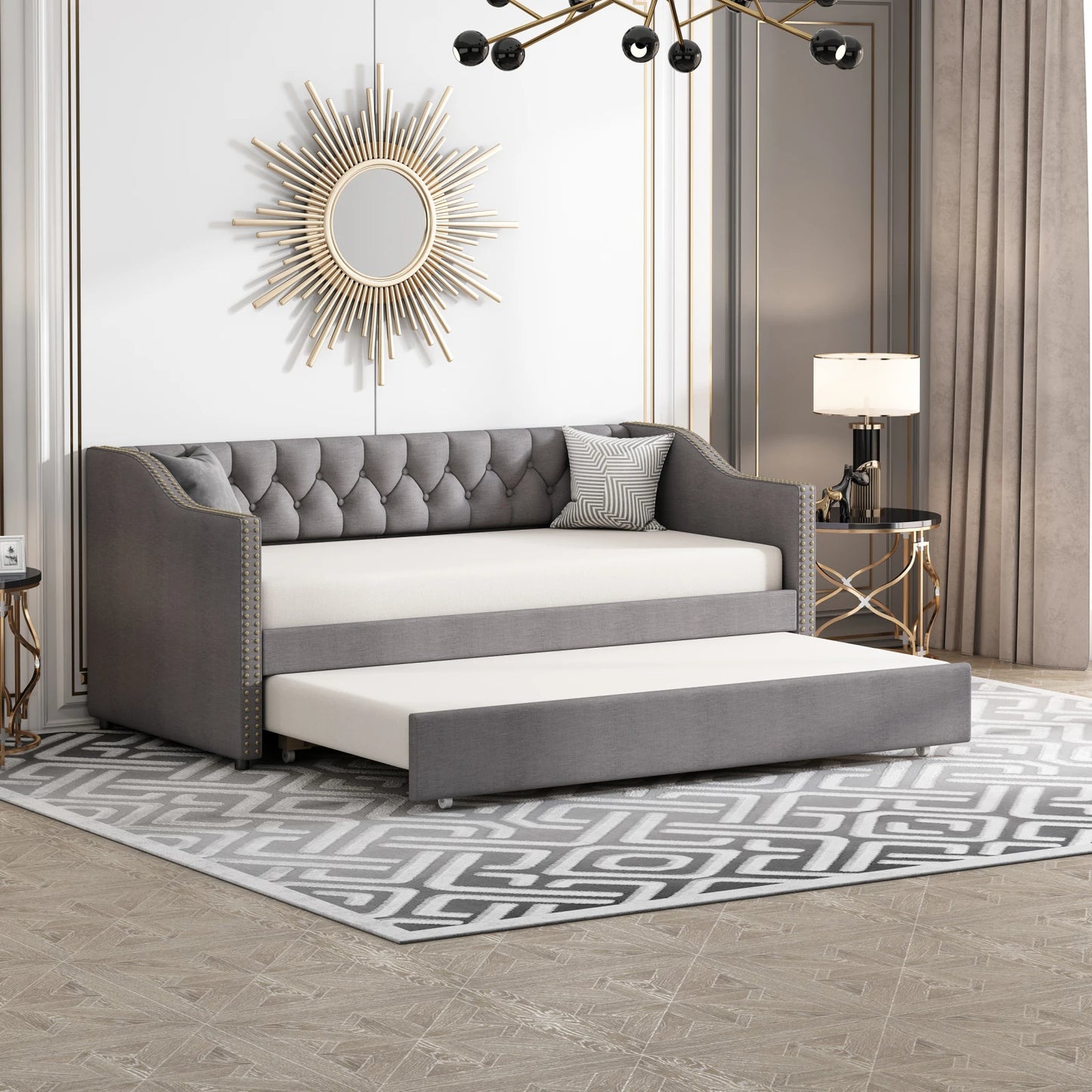 Slaapbank – Bedbank – Bankbed – Logeerbed – Opklapbed – Linnen Bekleding Grijs – Uittrekbaar Bed 90x200 cm – Stevig MDF Frame Tot 150 kg