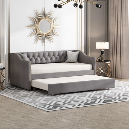 Slaapbank – Bedbank – Bankbed – Logeerbed – Opklapbed – Linnen Bekleding Grijs – Uittrekbaar Bed 90x200 cm – Stevig MDF Frame Tot 150 kg