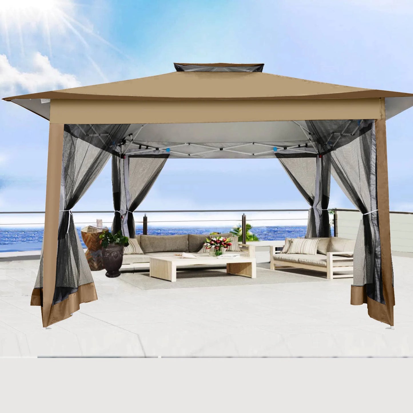 Pop-Up Tuinpaviljoen – Tuinpaviljoen – Schaduwdoek – Terrasoverkapping – Tuinkamer – Waterafstotend Dak – Insectenwerend Muggengaas - QUORE