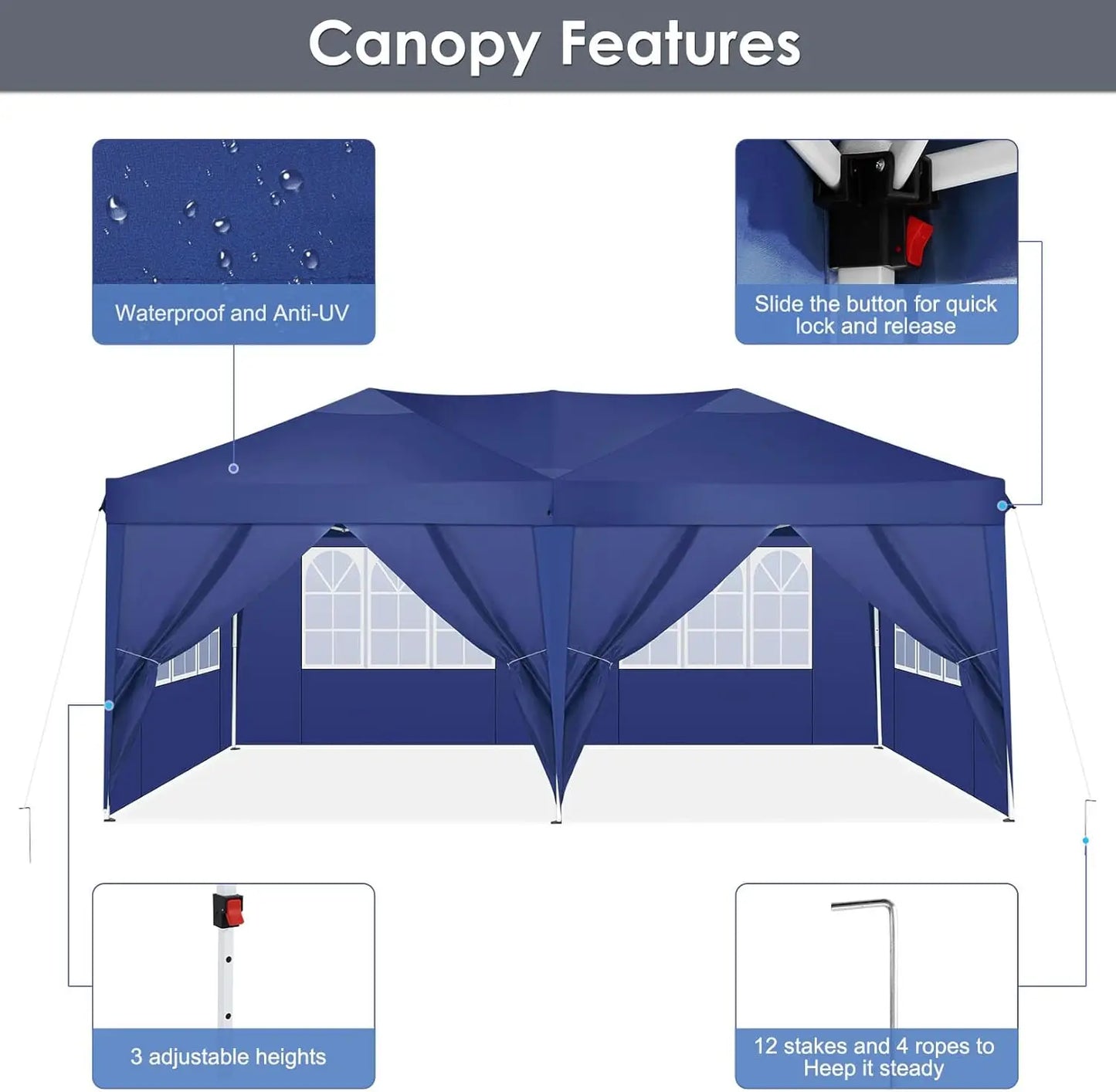 Partytent – Tent – Overkapping – Buitenluifel – 3x6 Meter – Waterdicht Oxford Doek – Verstelbaar Stalen Frame - Marineblauw