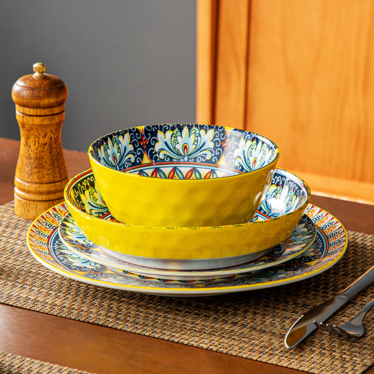 Servies - Servies set - 48 Stuks - Keramisch - Steengoed - Met Diner/Dessertbord -  Ontbijtgranen - Pastakom - Bohemian Stijl