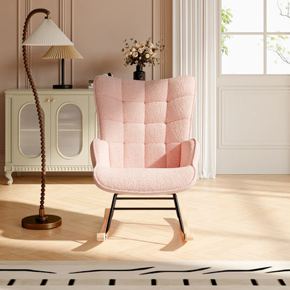 Schommelstoel – Schommelstoel Met Armleuningen – Schommelstoel Voor Woonkamer – Fauteuil – Schommelzetel – Roze Teddy Fleece – Massief Houten Frame Met Hoog Draagvermogen