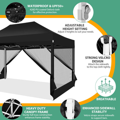 Tuinpaviljoen – Tuinhuisje – Pop-Up Tent – Buitenverblijf – Luifel – Waterdicht Frame – Verstelbare Hoogte - Zwart