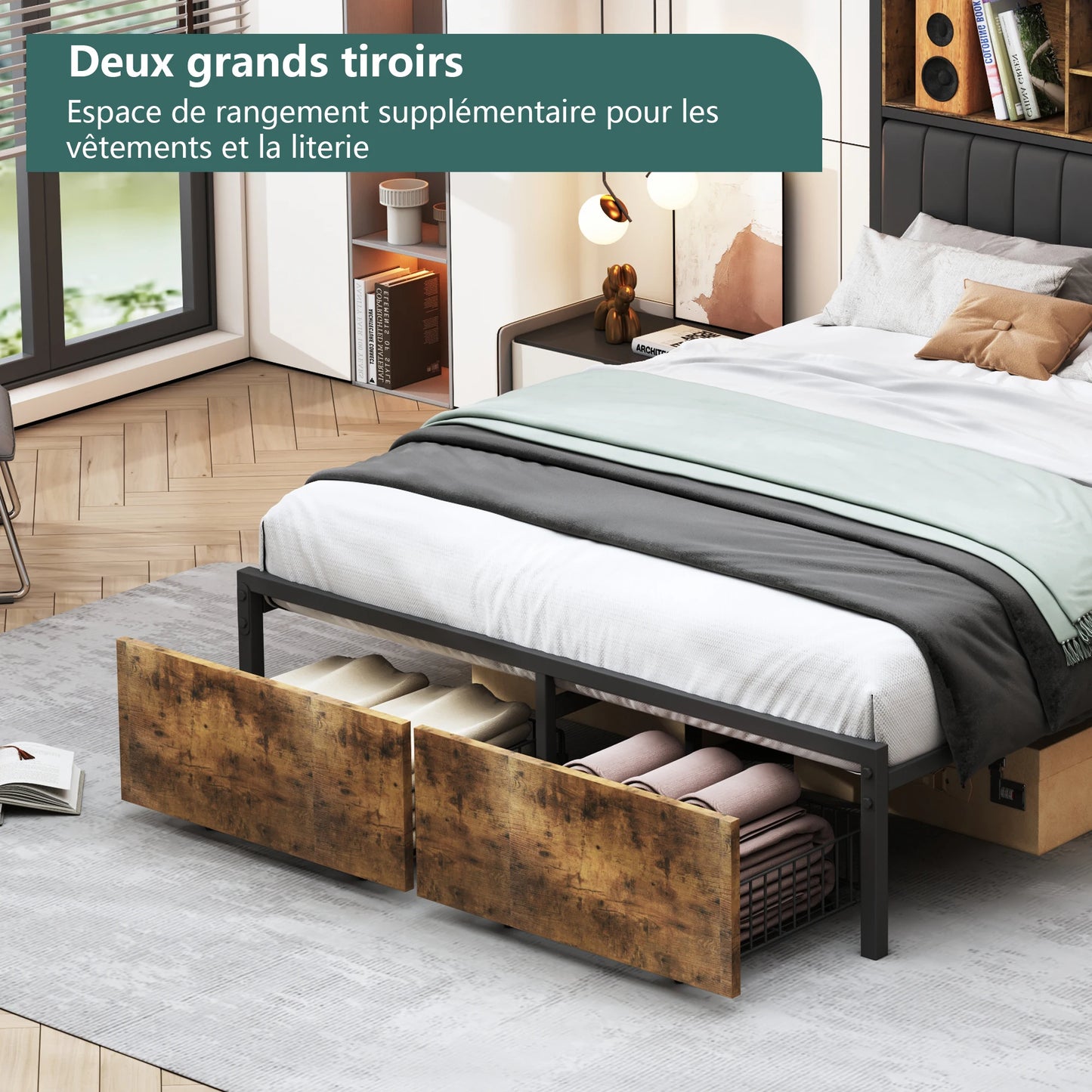Tweepersoonsbed – 2-Persoonsbed – Ledbed – Opbergbed – Bed Met Laden – 160x200 cm – PU-Leer Hoofdbord – Verstelbare Led-Verlichting