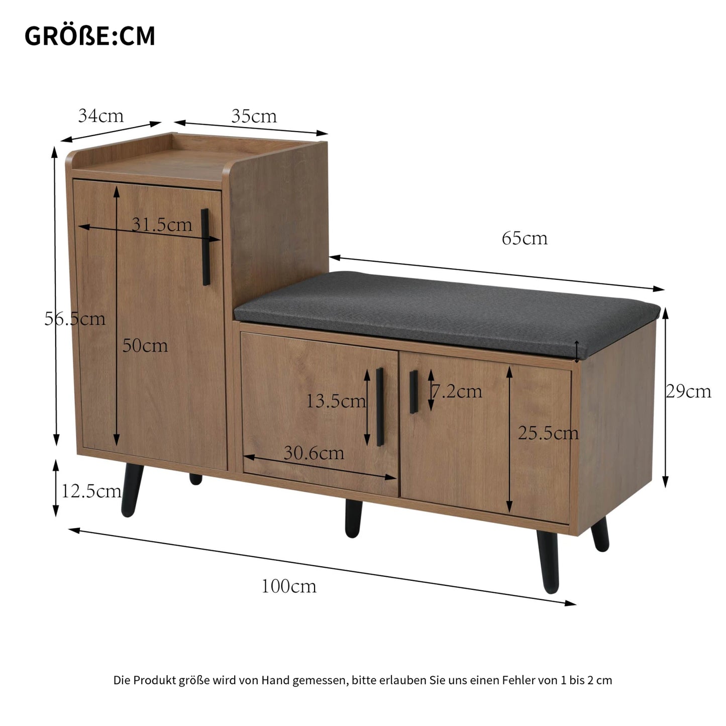 Schoenenbank – Schoenenrek – Zitbank – Opbergmeubel – Houten Frame – Comfortabel Kussen – Verstelbare Opbergruimte - 100 x 34 x 69 cm - Bruin & Grijs
