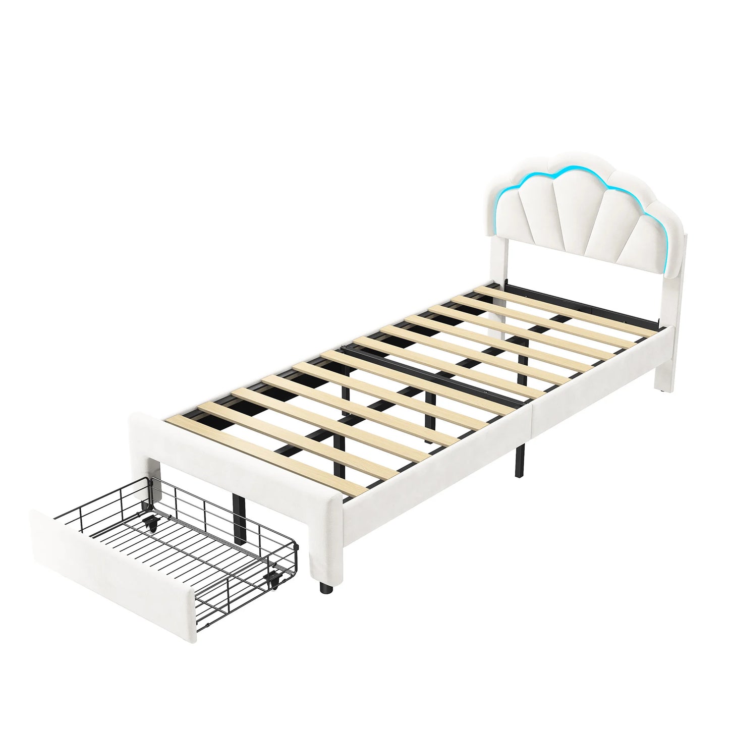 kinderbed – eenpersoonsbed – vloerbed – peuterbed – bedframe – 90x200 cm – fluwelen bekleding – geïntegreerde LED verlichting – opberglade