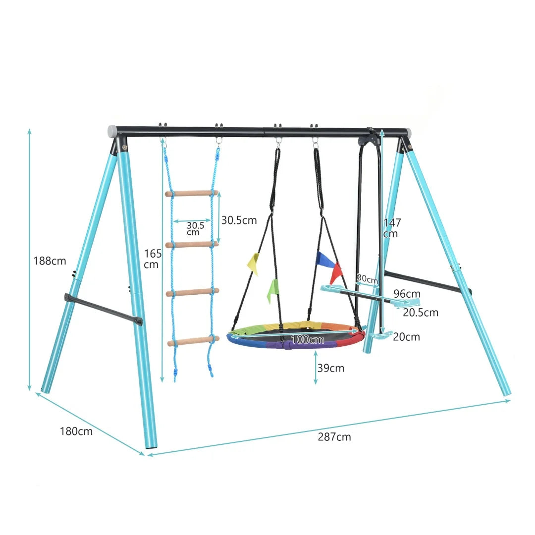 Tuinschommel – Speeltoestel – Klimnet – Waszaag – Verstelbare Schommelhoogte – Stevig Metalen Frame - Blauw
