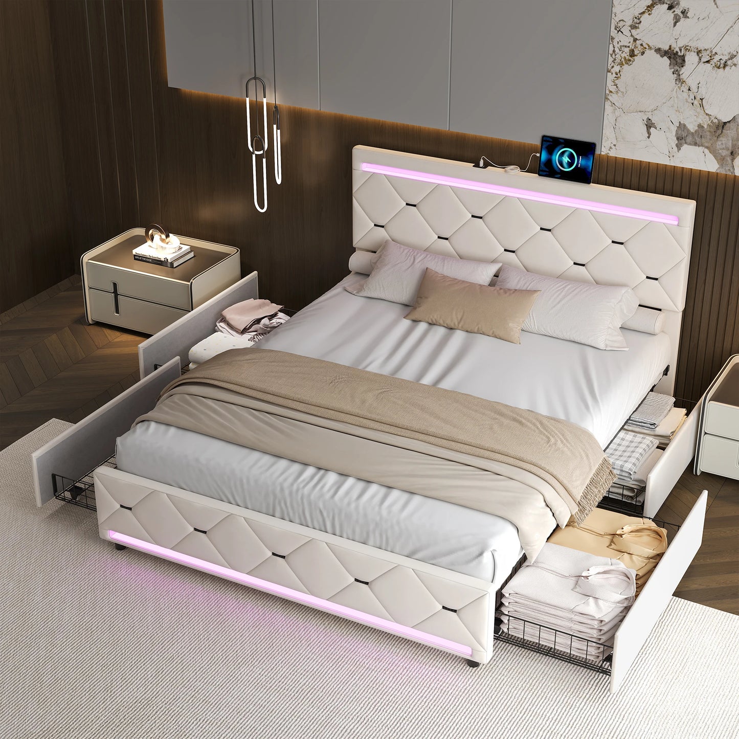 Gestoffeerd Tweepersoonsbed – Opbergbed – Ladebed – Slaapkamerbed – 160x200 cm – LED Hoofdeinde – USB Oplaadfunctie