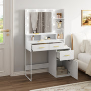 Kaptafel - Make-up Tafel - Kaptafel met spiegel en verlichting - Verstelbare - Helderheid - 10 LED - 1 Tafelblad - 2 Lades - 1 Opbergvak - 3 Planken - 90x143x39.5 cm - Wit