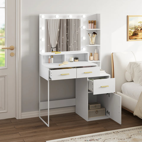 Kaptafel - Make-up Tafel - Kaptafel met spiegel en verlichting - Verstelbare - Helderheid - 10 LED - 1 Tafelblad - 2 Lades - 1 Opbergvak - 3 Planken - 90x143x39.5 cm - Wit