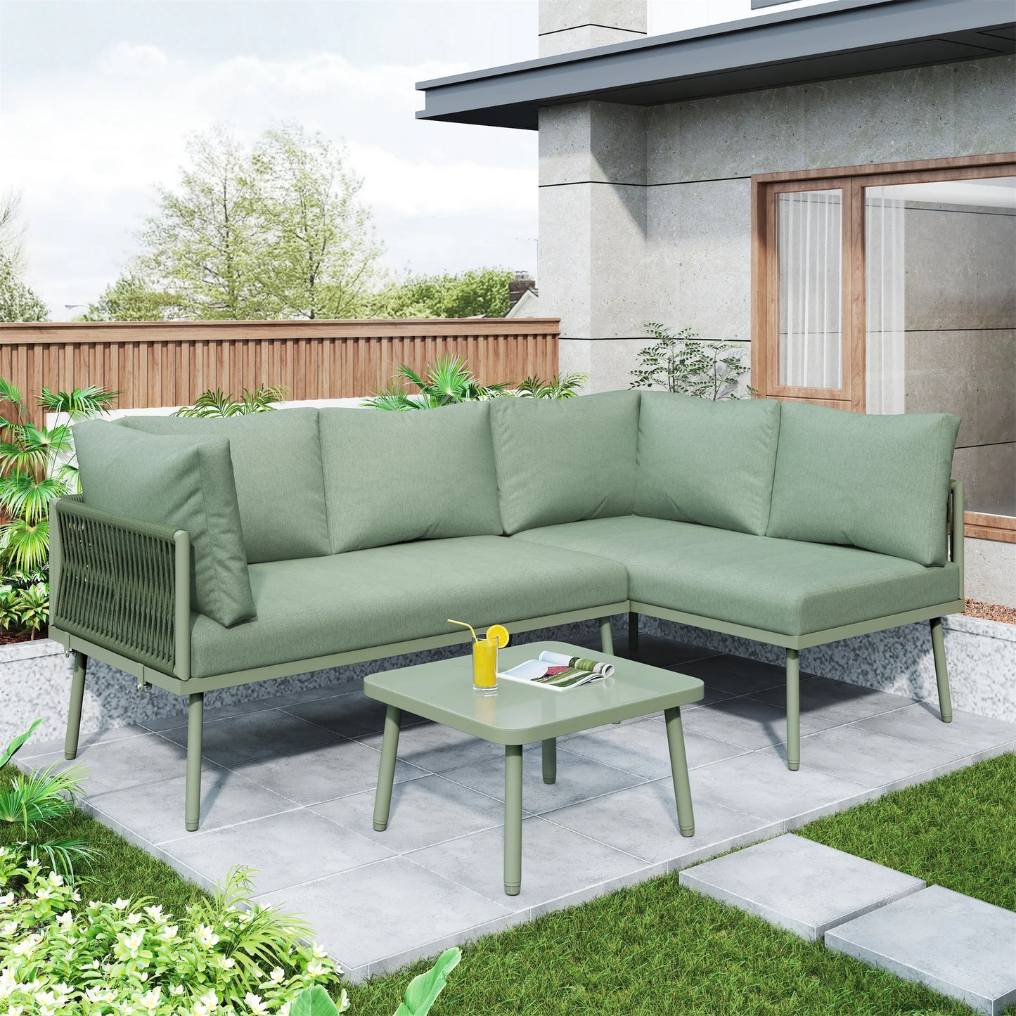 Groene Loungeset – Buitenmeubel – Tuinset – Terras Meubilair – L-Vorm – Waterbestendig Touw – Metalen Frame