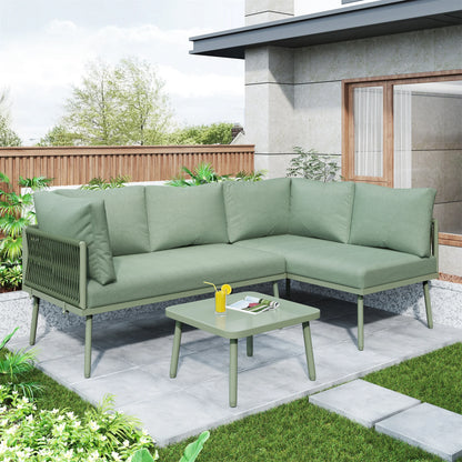 Groene Loungeset – Buitenmeubel – Tuinset – Terras Meubilair – L-Vorm – Waterbestendig Touw – Metalen Frame