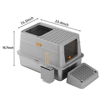 RVS Kattenbak - Kattentoilet Roestvrijstaal - Kattenbak - Incl. Kattenbakschep met Houder en Gritopvang Opstapje - 3-in-1 - Grote - 60x40x39cm - Grijs